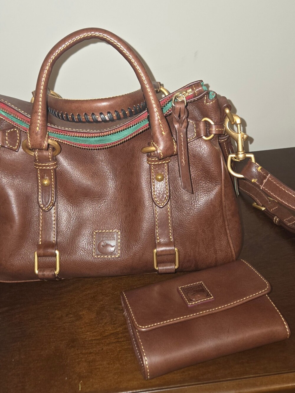 Dooney And Bourke Brown Leather Satchel Handbag with Matching Wallet